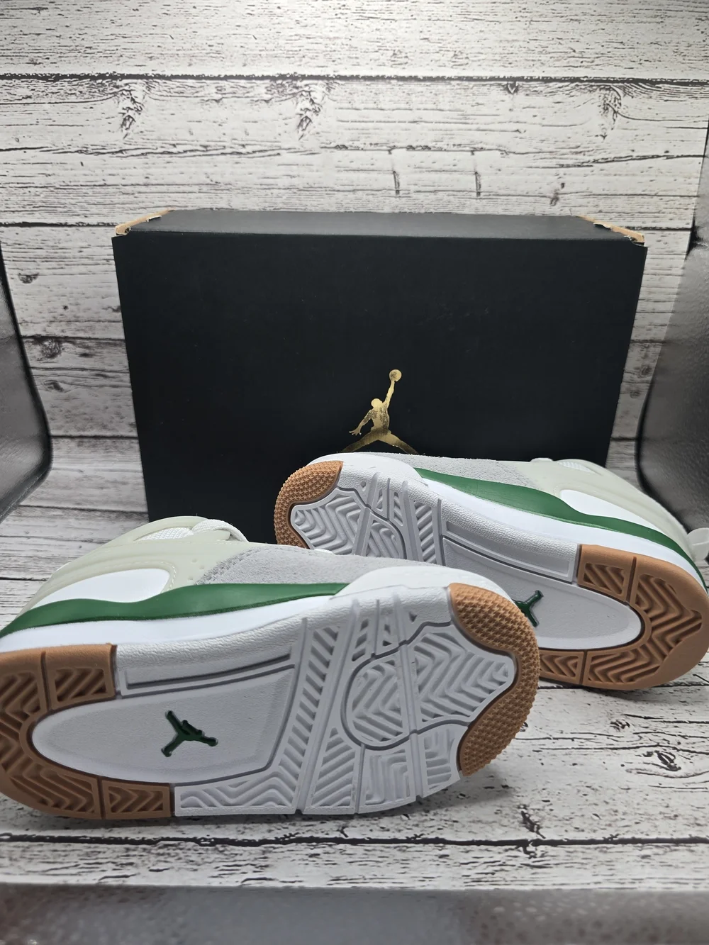 Jordan 4 RM Kids' White and Gray Athletic Sneakers with Green Accents